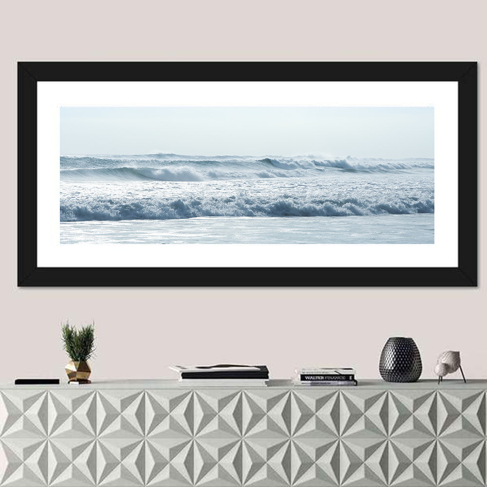 Misty Horizon Ocean Waves Wall Art in a room, panoramic