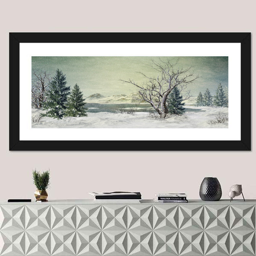 Leafless Tree at Winter Lake Wall Art in a room, panoramic