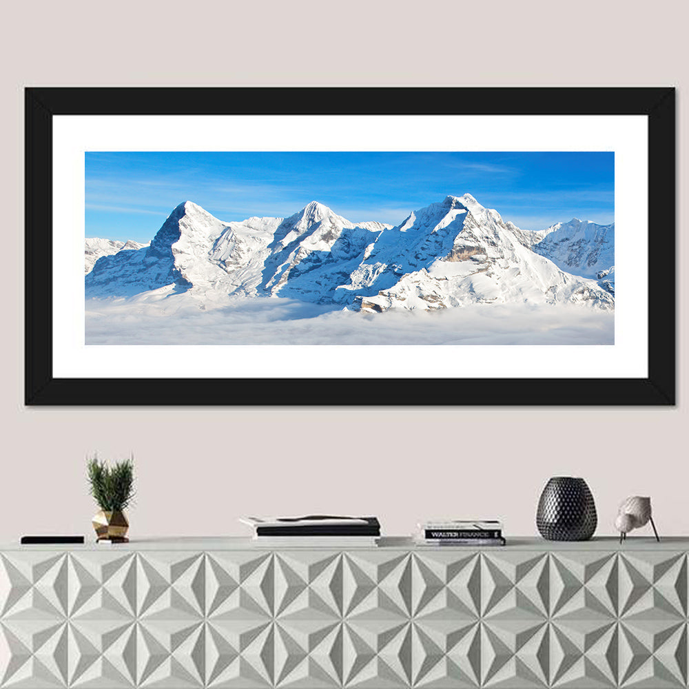 Eiger, Mönch and Jungfrau Peaks Wall Art in a room, panoramic