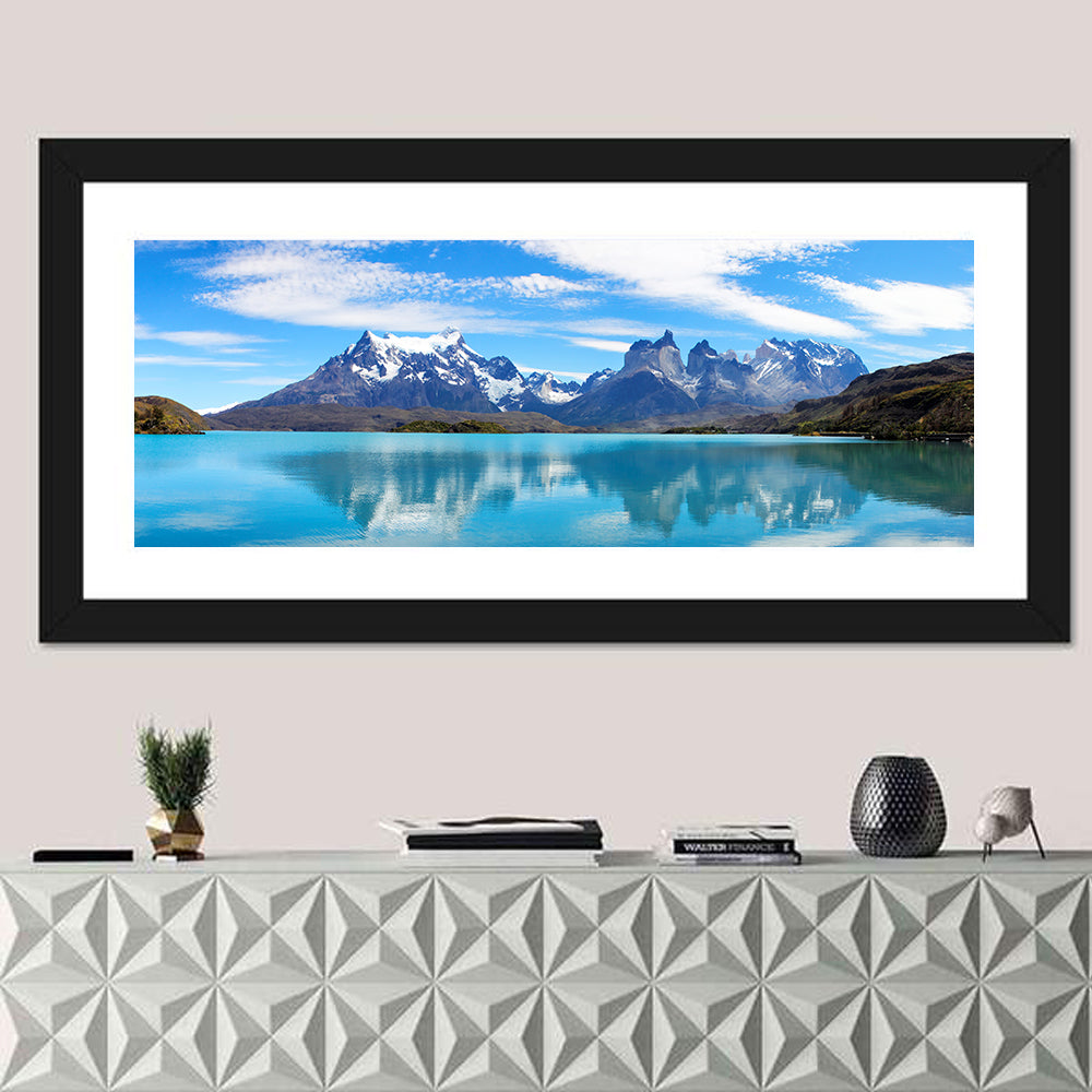 Torres Del Paine Reflection Wall Art in a room, panoramic