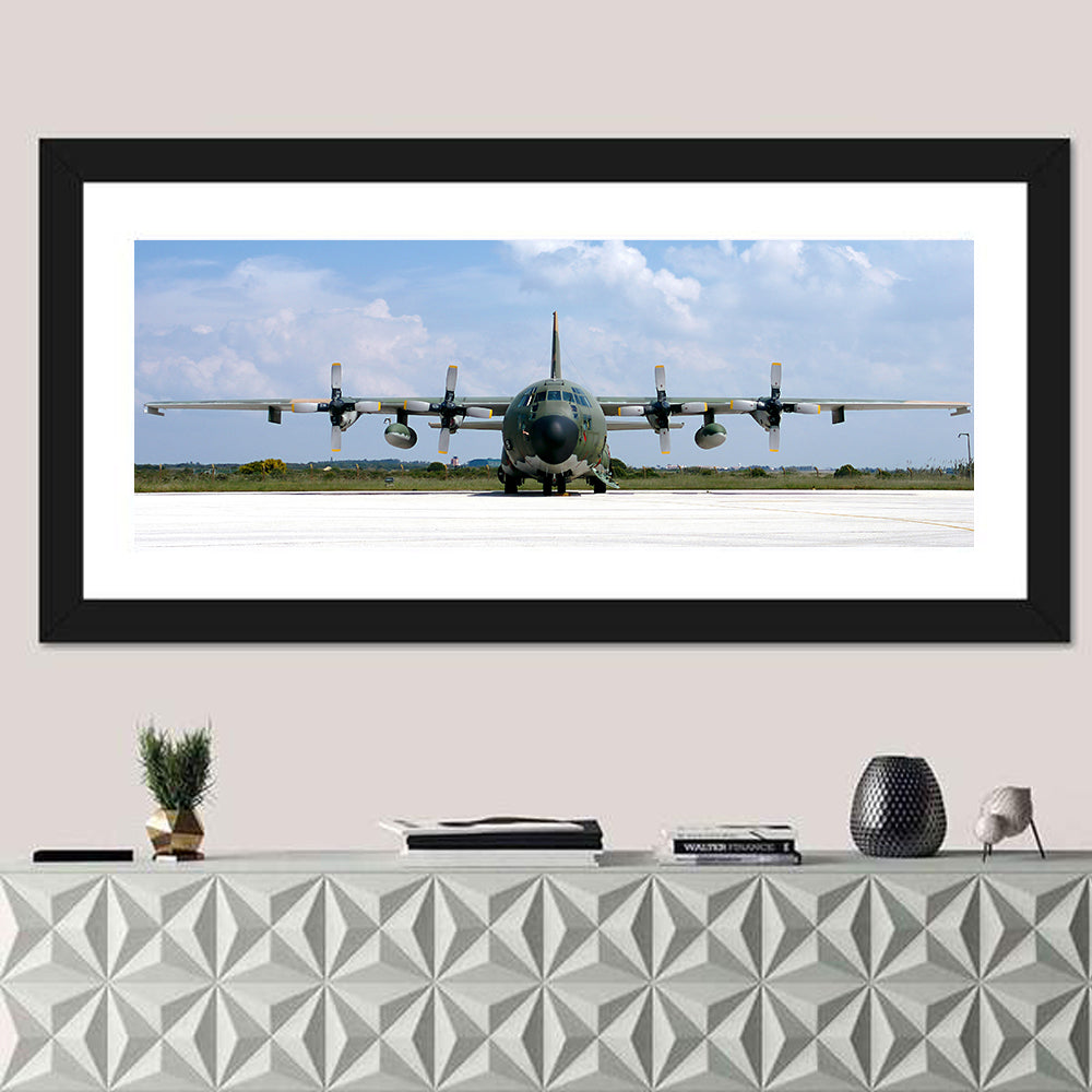 Camo Military Transport Aircraft Wall Art in a room, panoramic