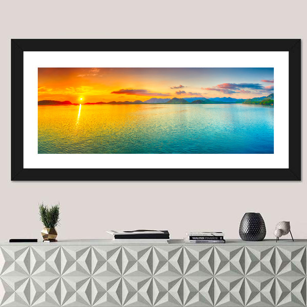 Golden Lake Sunrise Wall Art in a room, panoramic