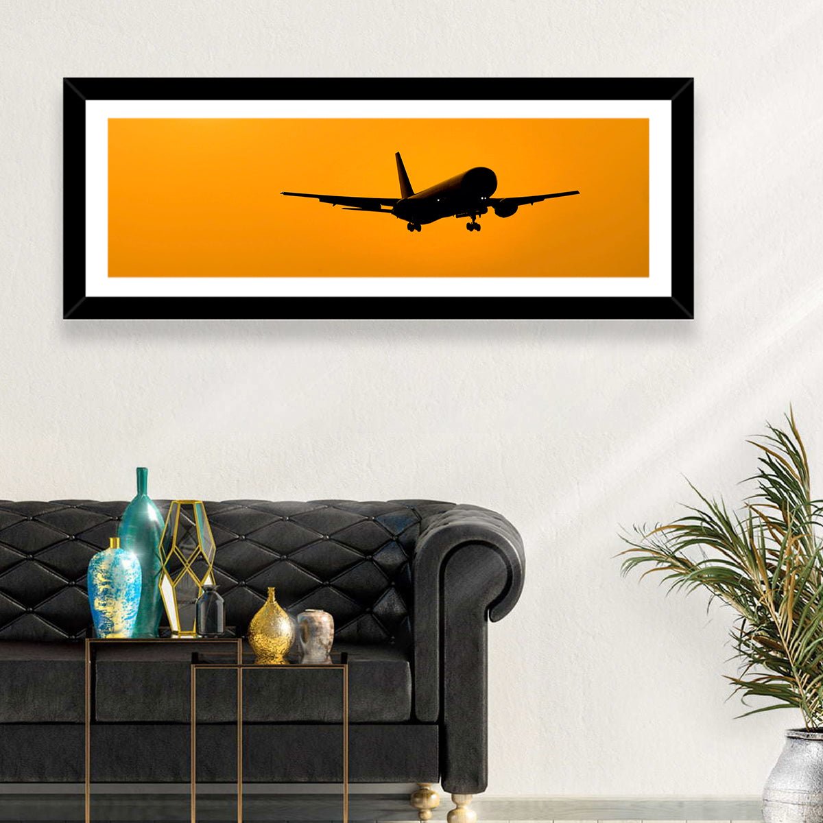 Golden Hour Airliner Silhouette Wall Art in a room, panoramic