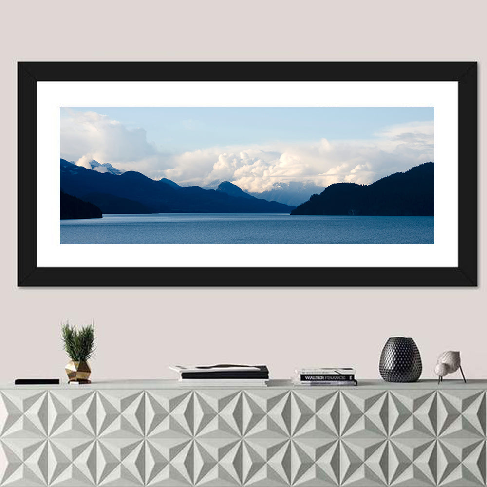 Harrison Lake Morning Clouds Wall Art in a room, panoramic