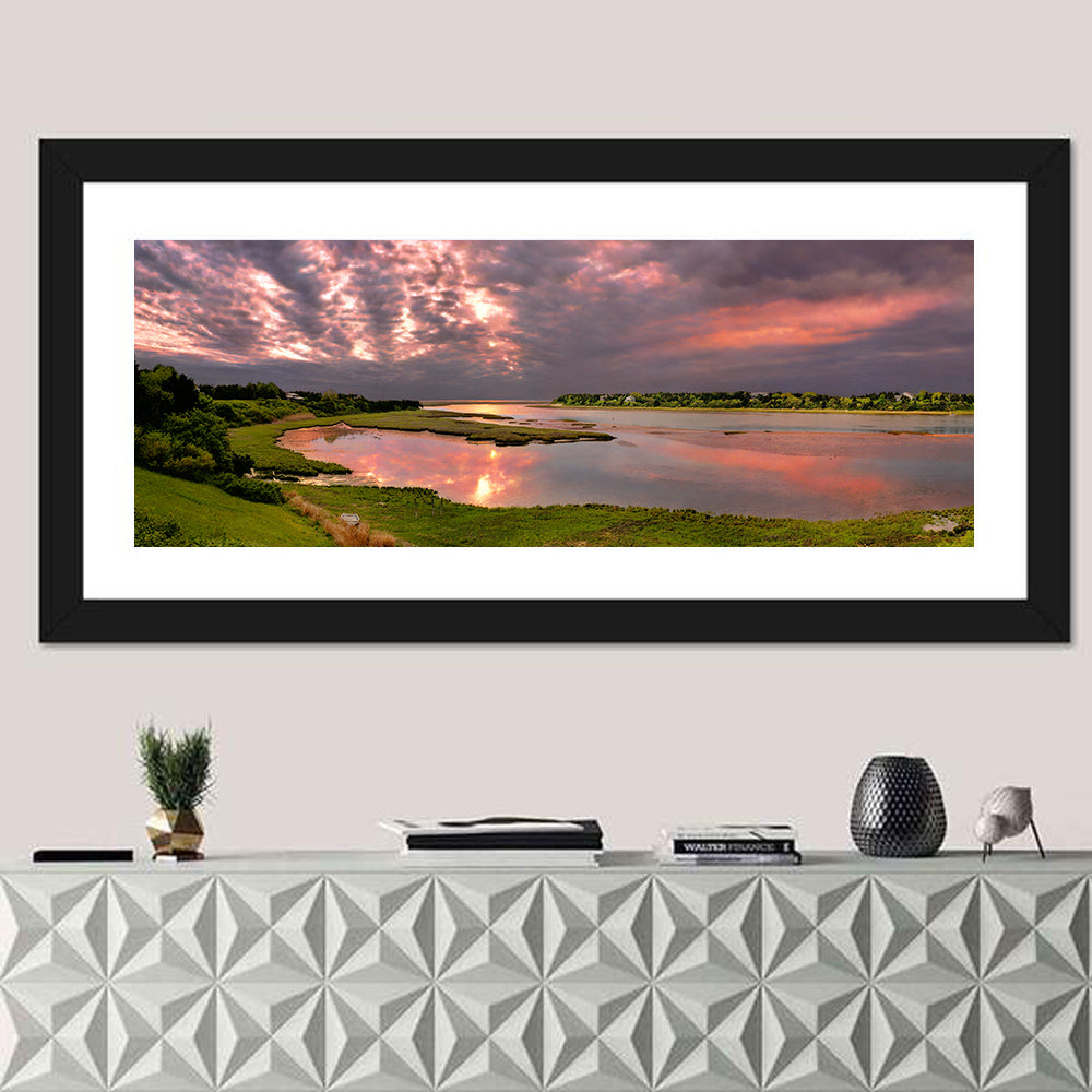 Cape Cod Cloudy Sunrise Wall Art in a room, panoramic