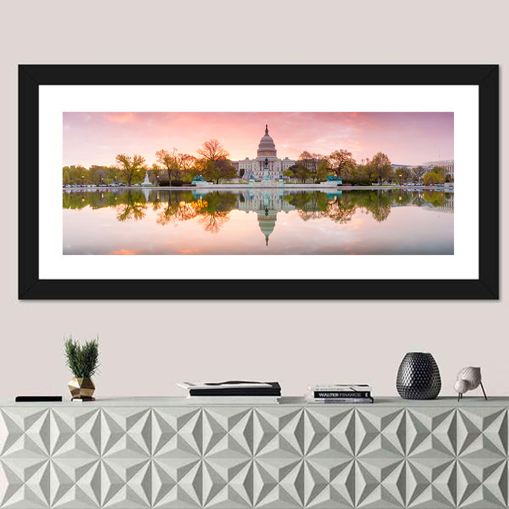 United States Capitol Sunrise Reflection Wall Art in a room, panoramic