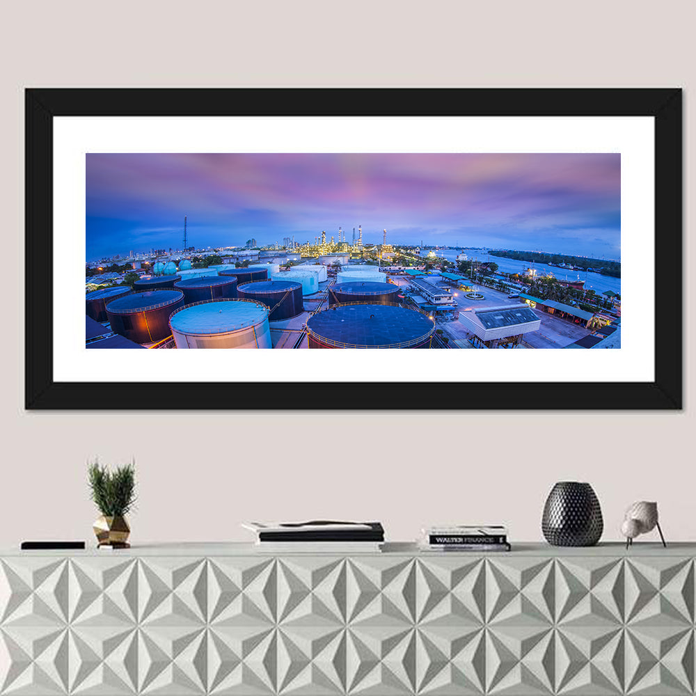 Twilight Oil Refinery River View Wall Art in a room, panoramic