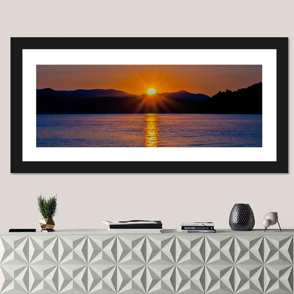 Lake Jocassee Golden Sunrise Wall Art in a room, panoramic