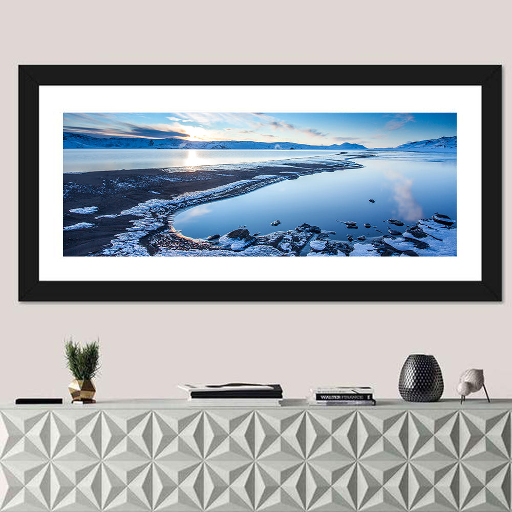 Lake Kleifarvatn Icy Shoreline Wall Art in a room, panoramic