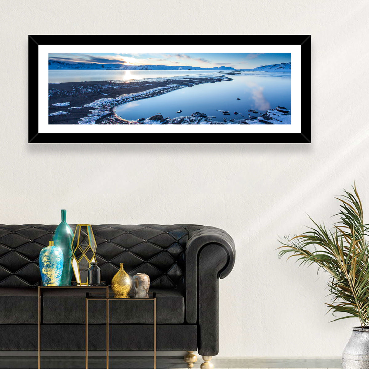 Lake Kleifarvatn Icy Shoreline Wall Art in a room, panoramic