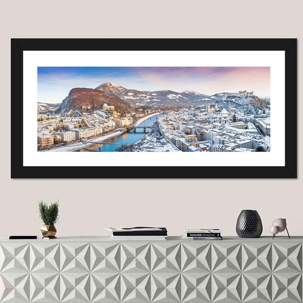 Salzburg Winter Skyline Wall Art in a room, panoramic