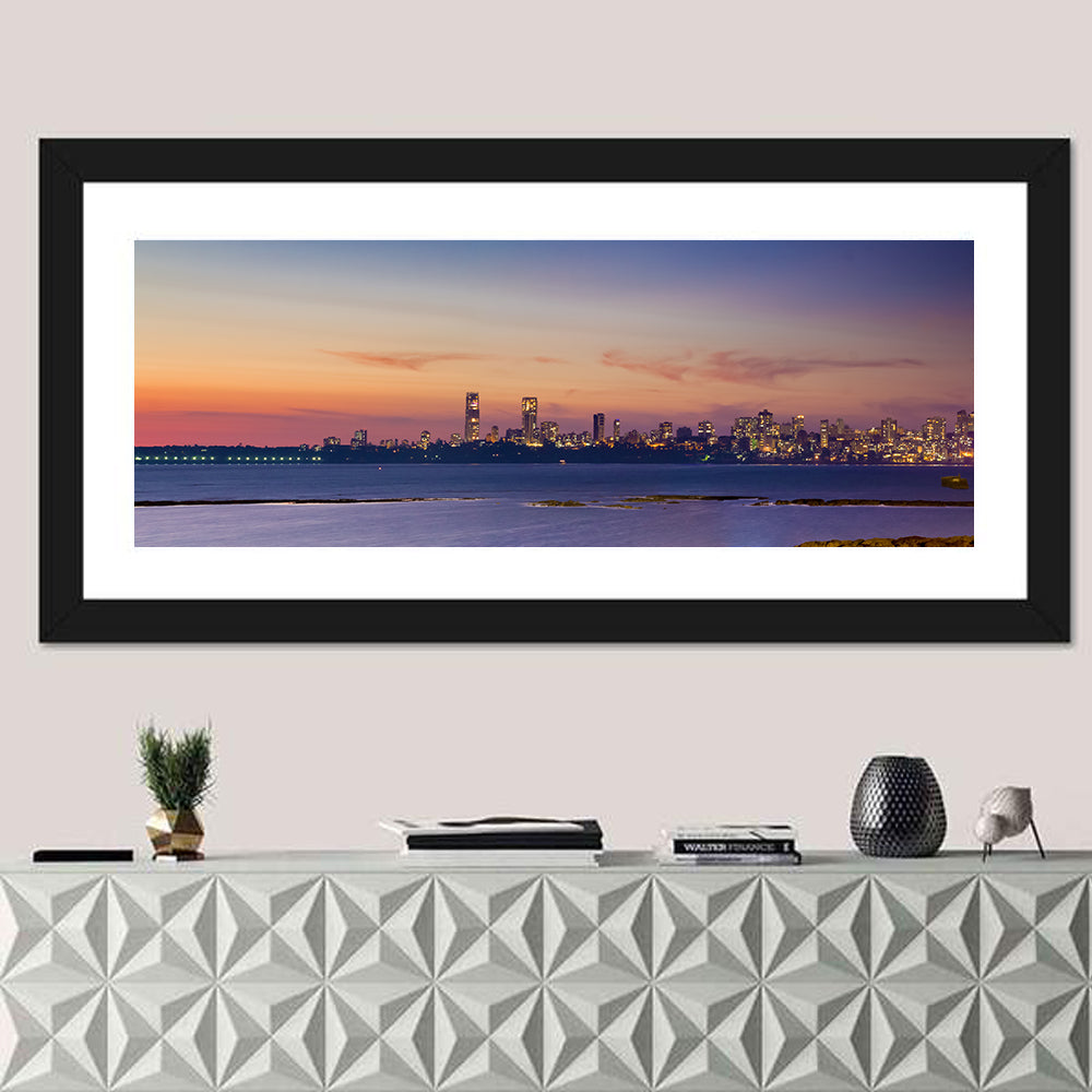 Mumbai Skyline at Dusk Wall Art in a room, panoramic