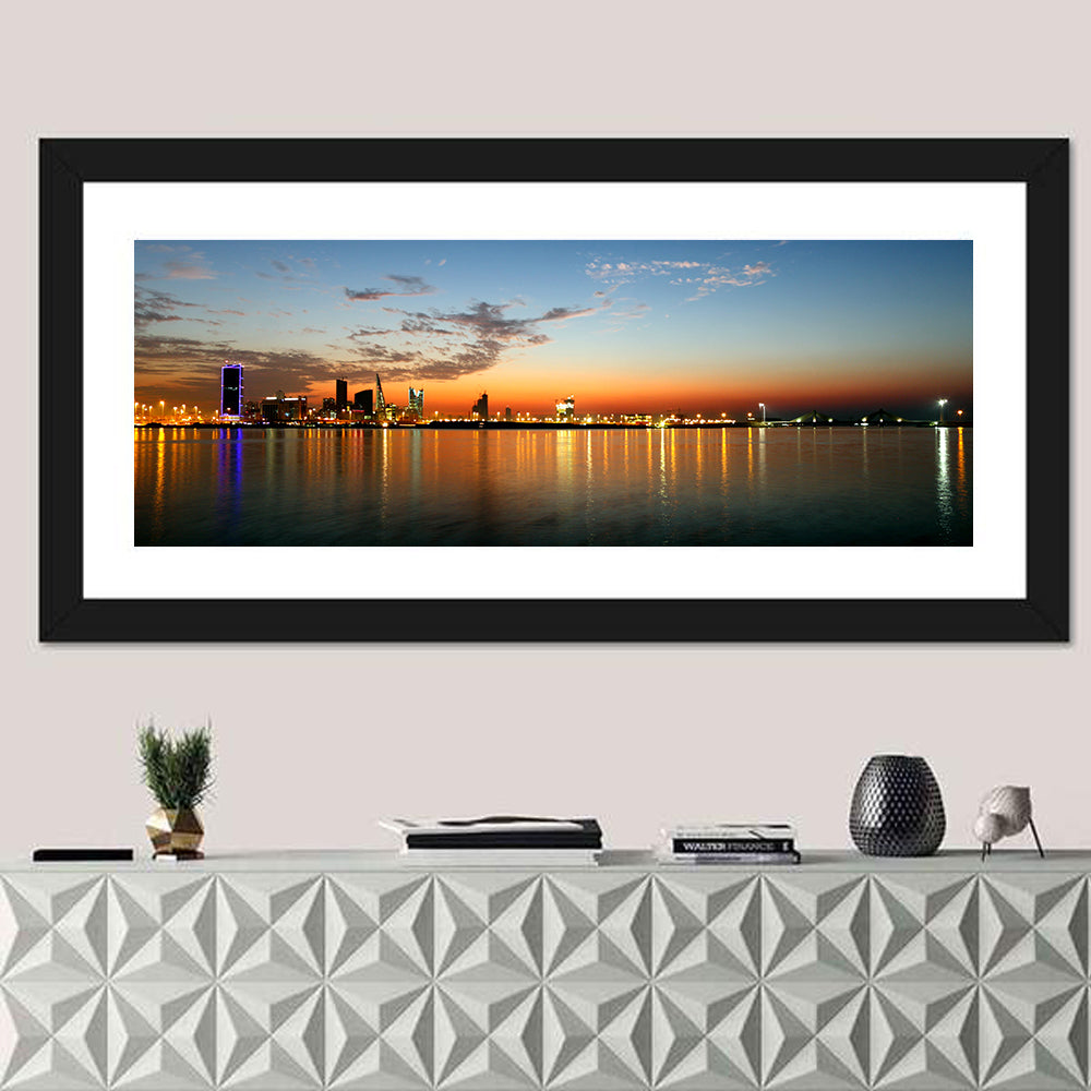 Manama Golden Hour Skyline Wall Art in a room, panoramic