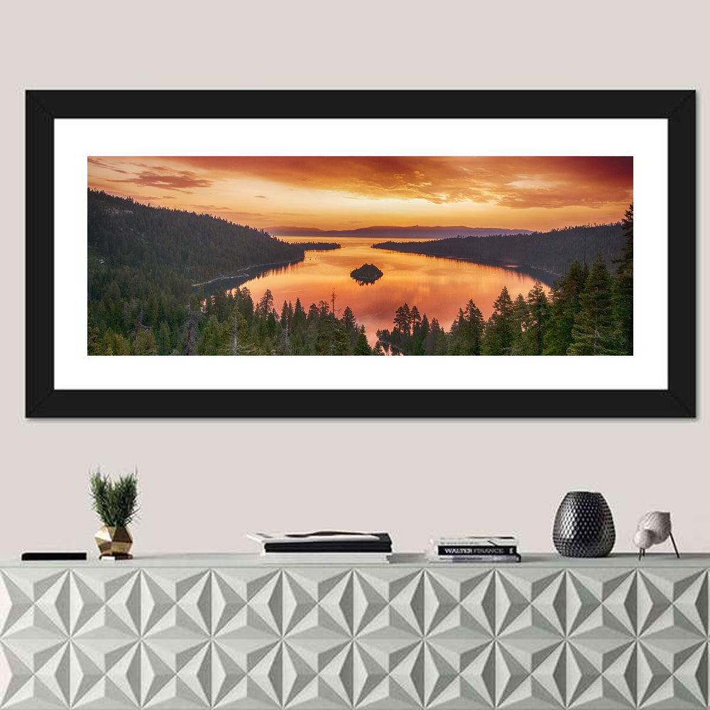 Emerald Bay Sunrise, Lake Tahoe Wall Art in a room, panoramic