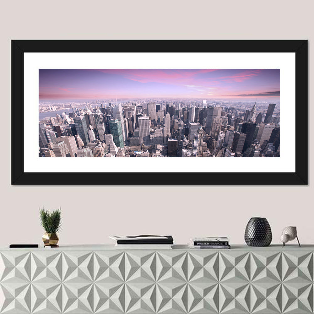 Midtown Manhattan Skyline in Purple Haze Wall Art in a room, panoramic