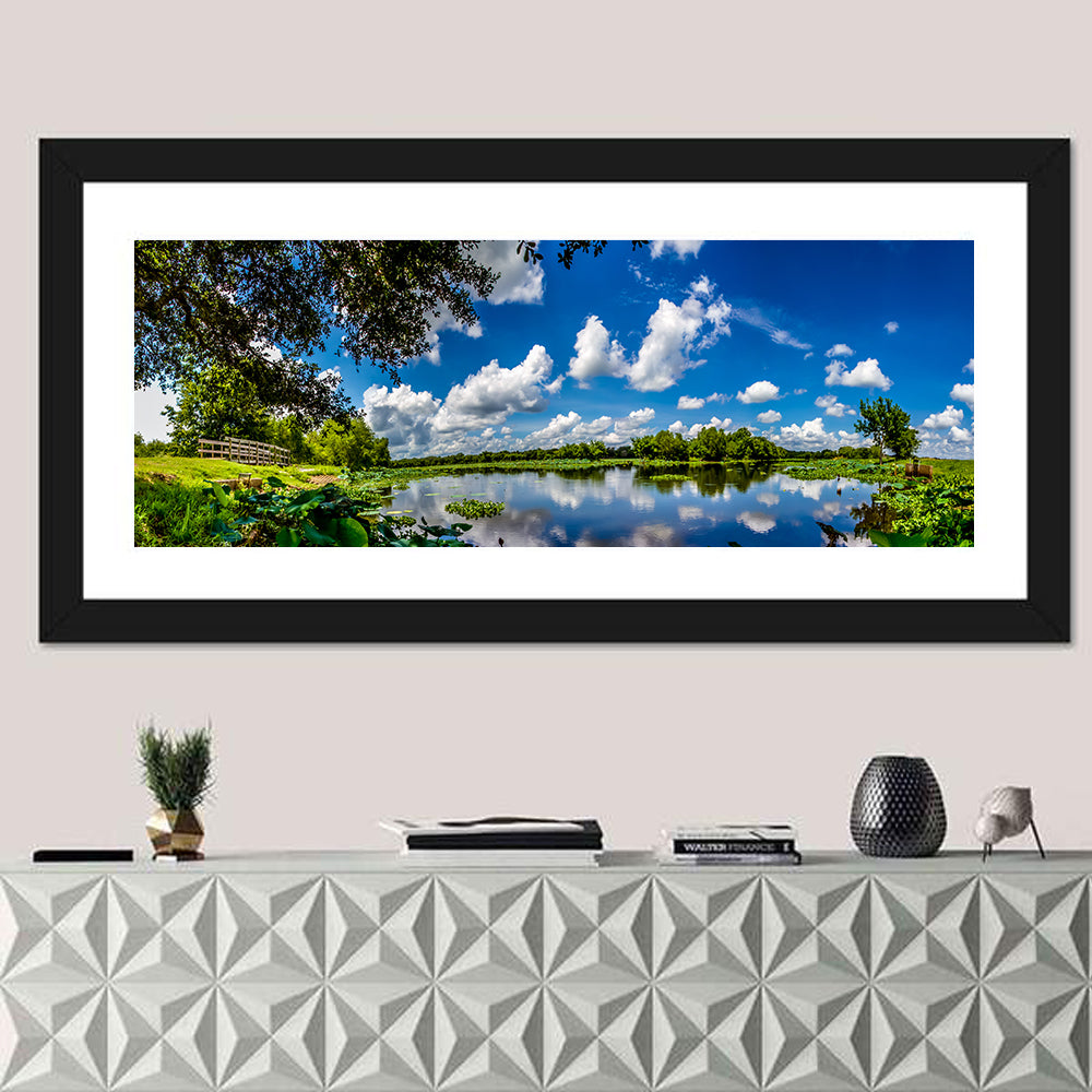 Brazos Bend Lake Reflection Wall Art in a room, panoramic
