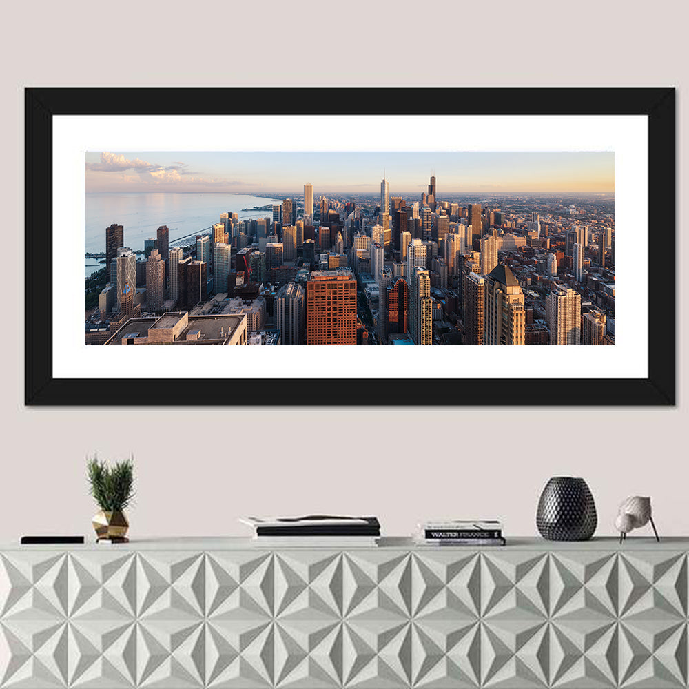 Chicago Skyline at Golden Hour Wall Art in a room, panoramic