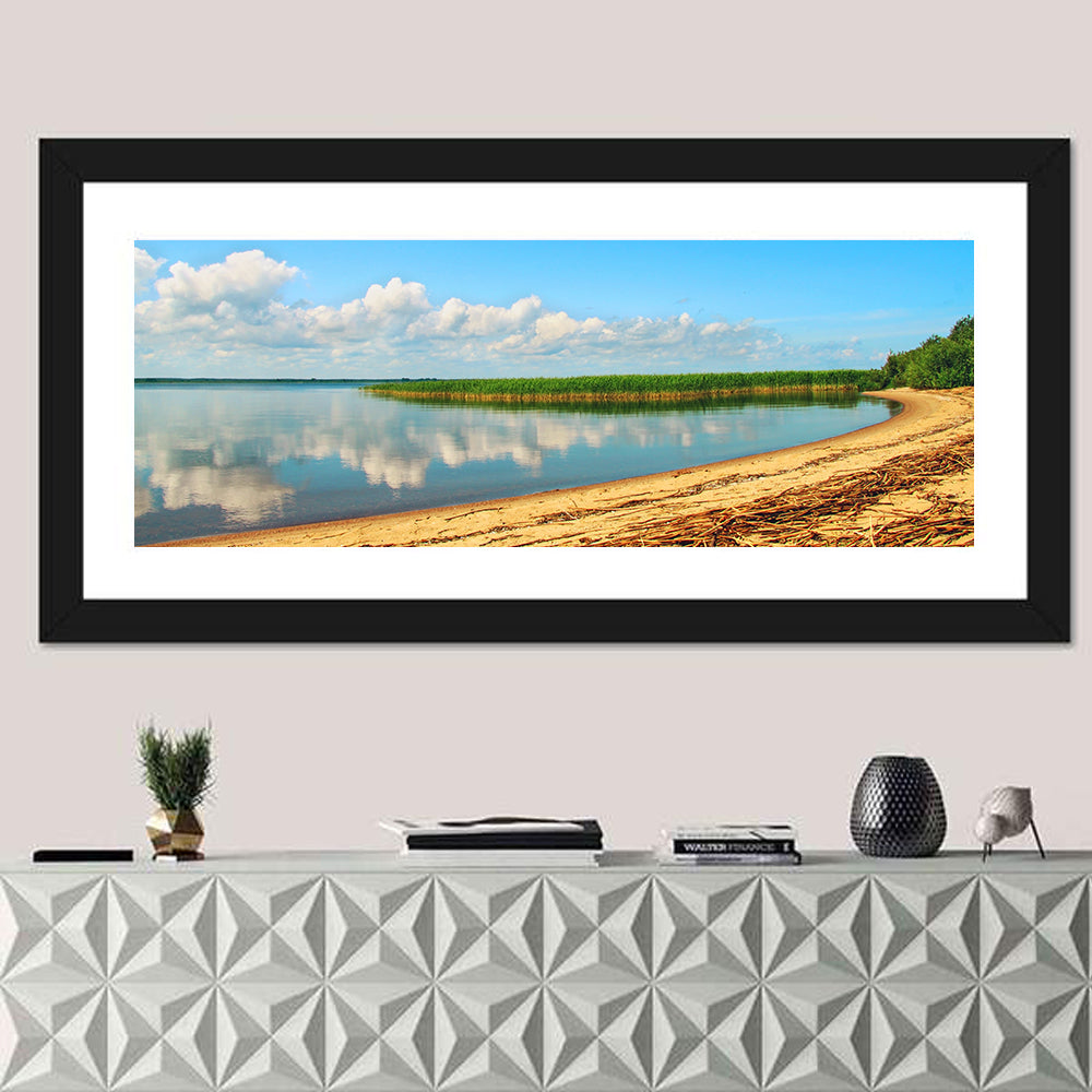 Lake Pskov Shoreline Wall Art in a room, panoramic