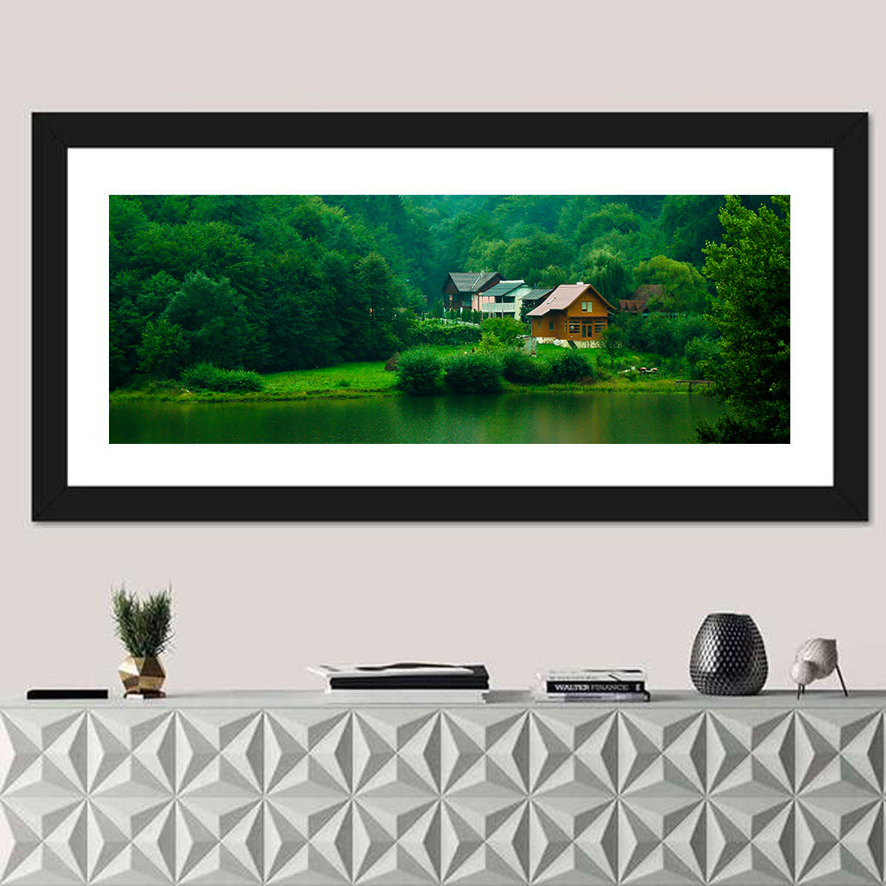 Mist Over Lake Tarnita Wall Art in a room, panoramic