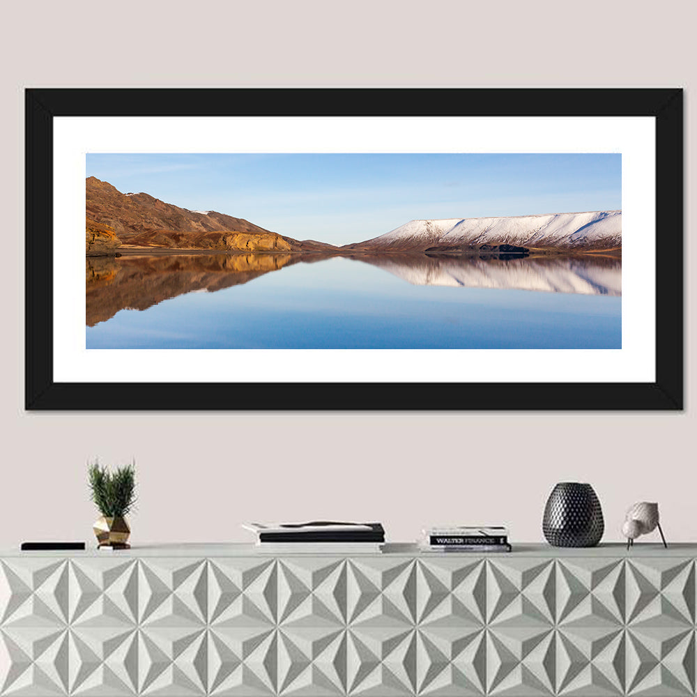 Lake Kleifarvatn Reflection Wall Art in a room, panoramic