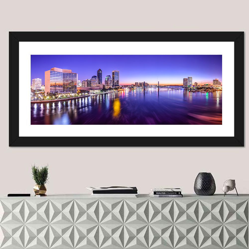 Jacksonville Twilight Skyline Wall Art in a room, panoramic