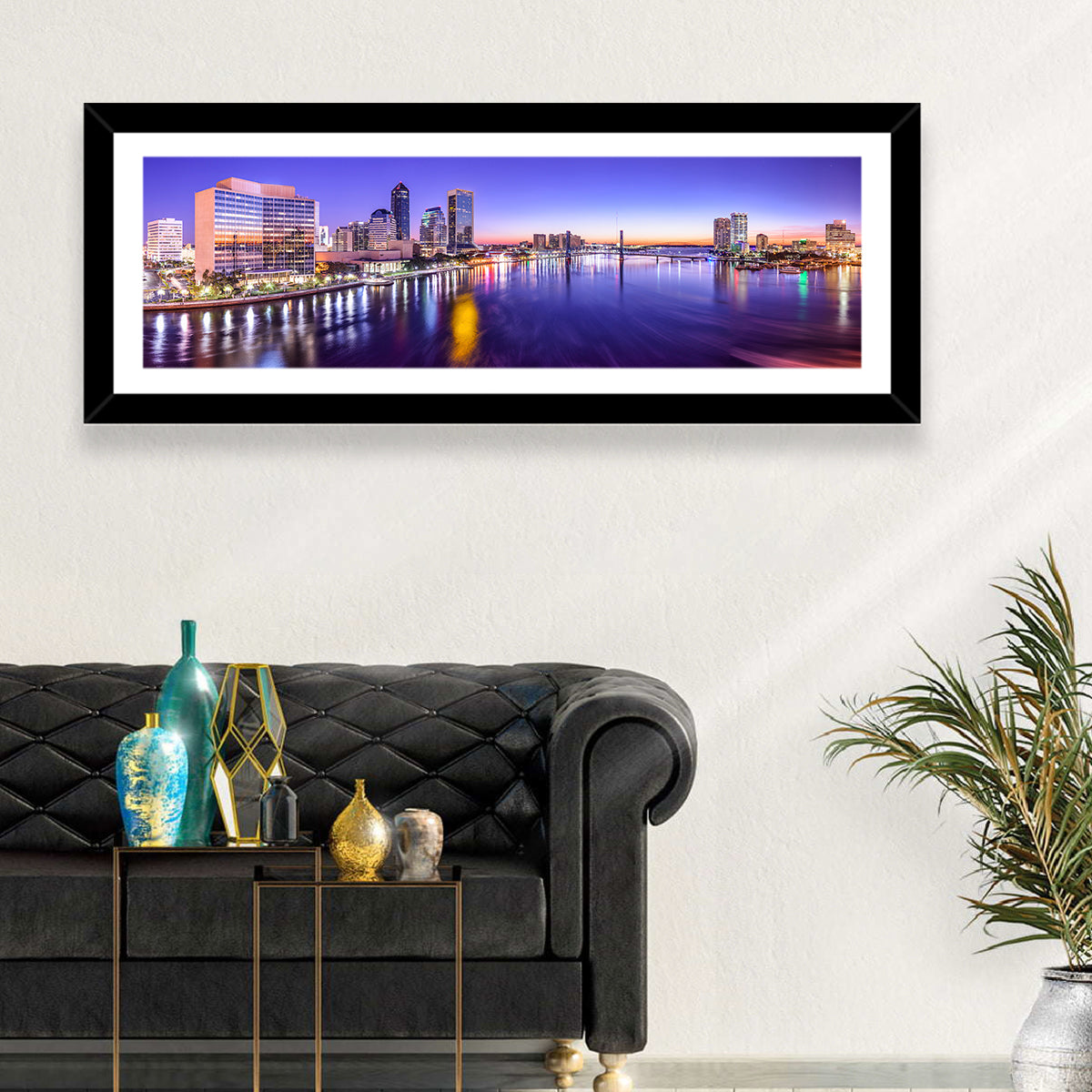 Jacksonville Twilight Skyline Wall Art in a room, panoramic