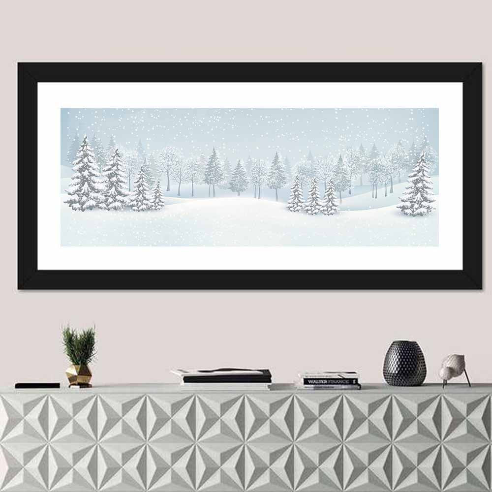 Winter Wonderland Illustration Wall Art in a room, panoramic