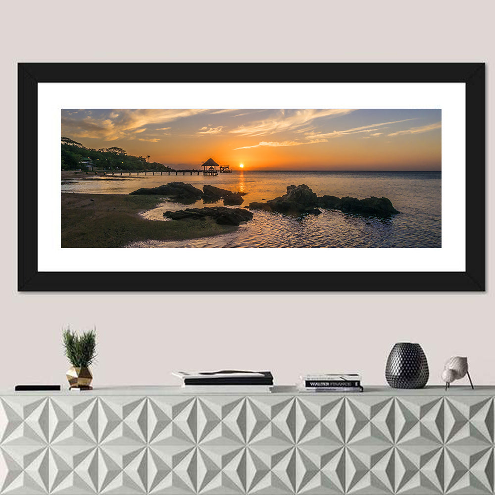 Roatan Pier Sunset Wall Art in a room, panoramic