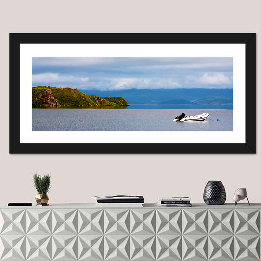 Kronotskое Lake with Boat Wall Art in a room, panoramic