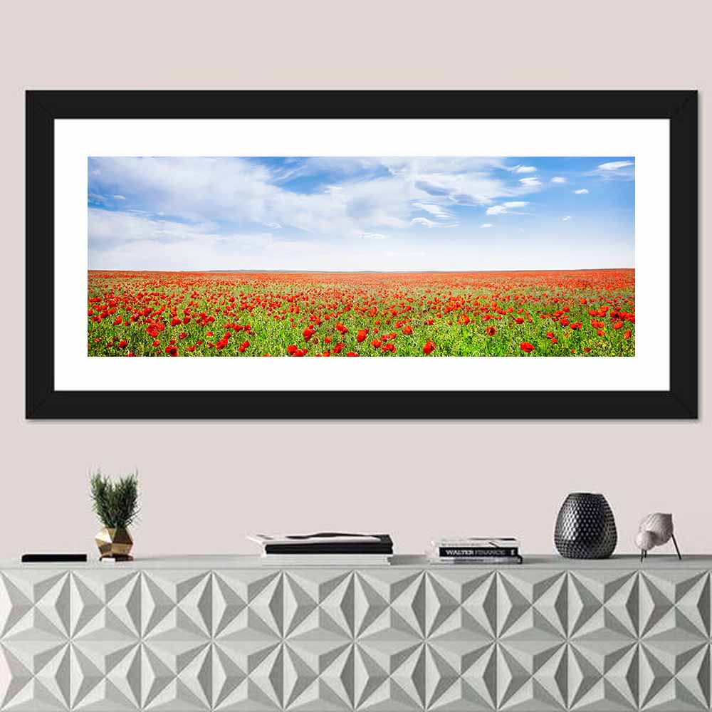 Red Poppy Field Wall Art in a room, panoramic