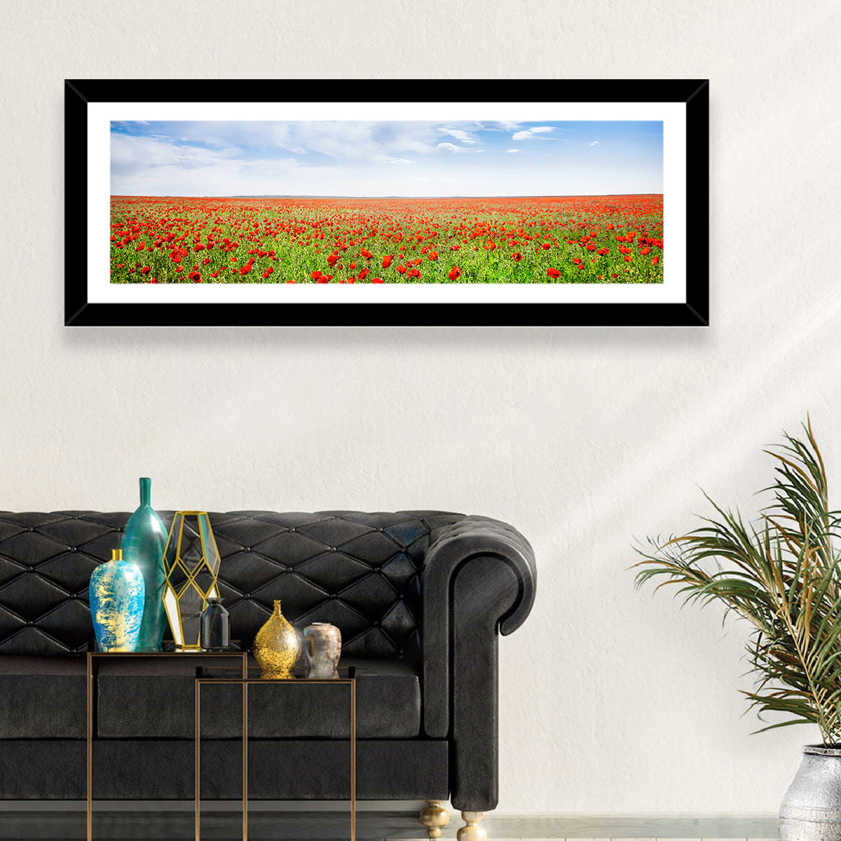 Red Poppy Field Wall Art in a room, panoramic