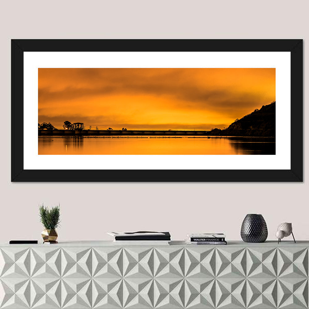 Lake Murray Sunset Wall Art in a room, panoramic