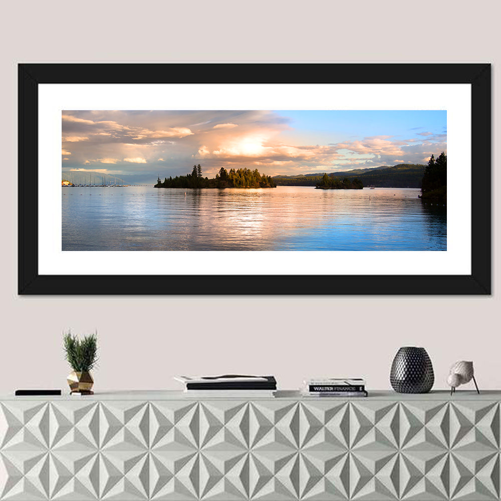 Flathead Lake Golden Hour Wall Art in a room, panoramic