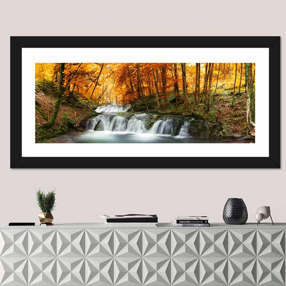 Autumn Forest Waterfall Wall Art in a room, panoramic