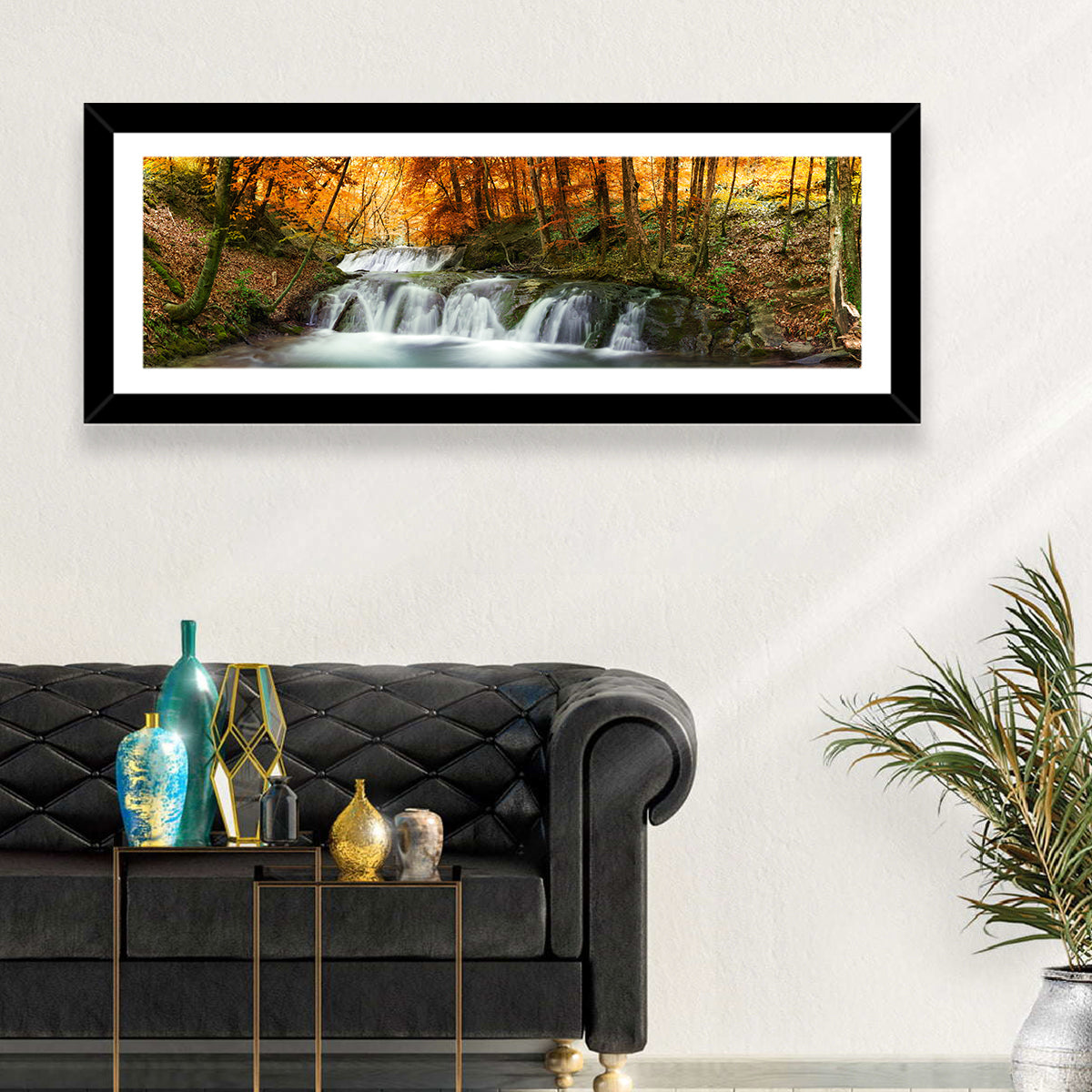 Autumn Forest Waterfall Wall Art in a room, panoramic
