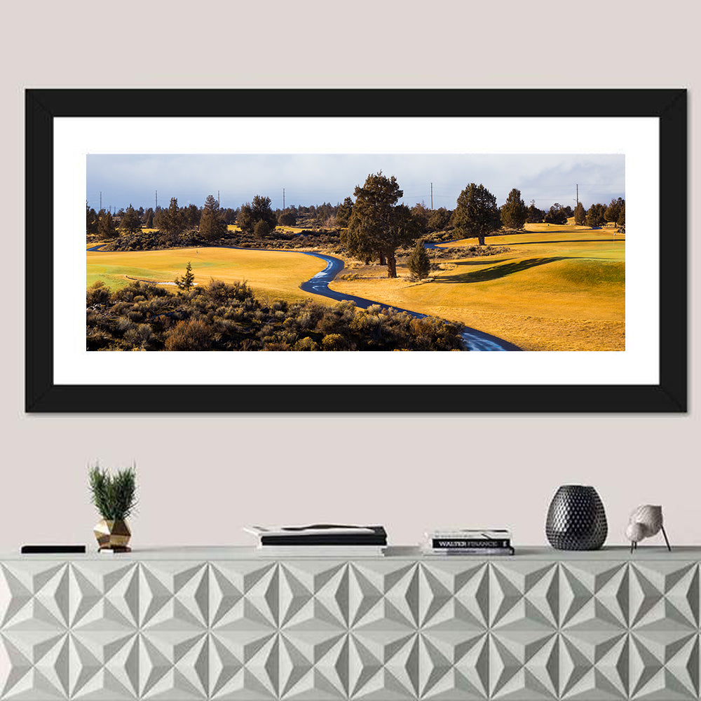 Central Oregon Golf Course with Winding Path Wall Art in a room, panoramic