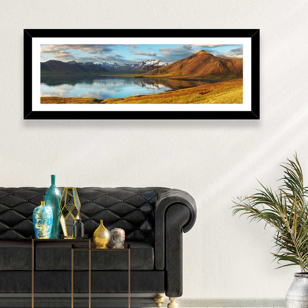 Icelandic Mountain Lake at Golden Hour Wall Art in a room, panoramic