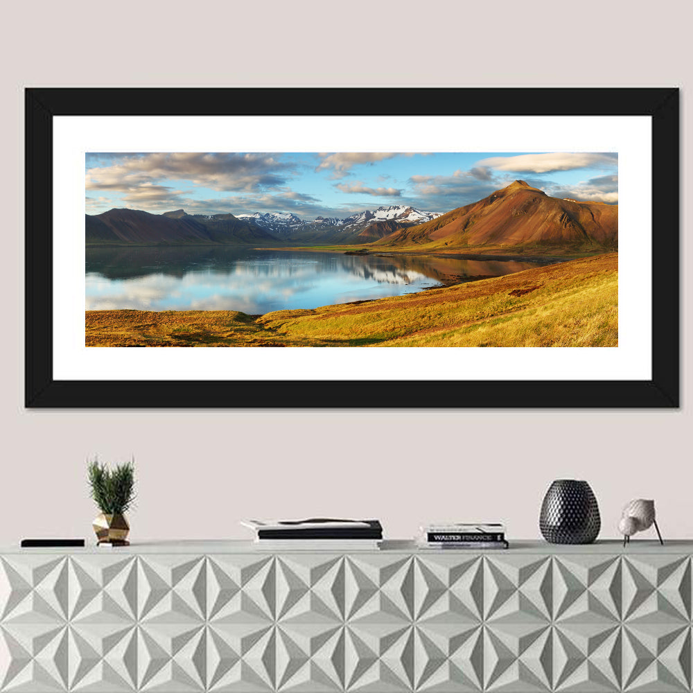 Icelandic Mountain Lake at Golden Hour Wall Art in a room, panoramic