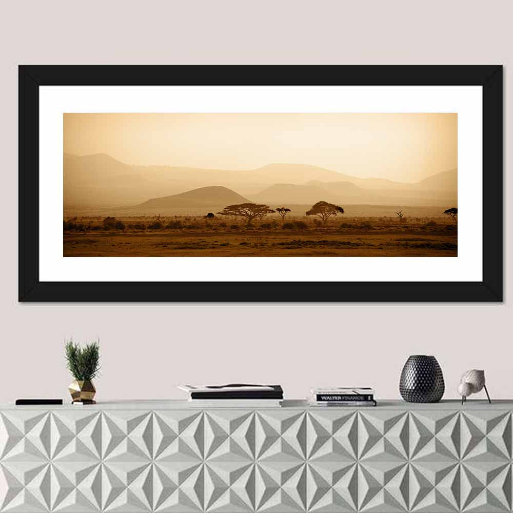 Hazy Savannah at Dawn Wall Art in a room, panoramic