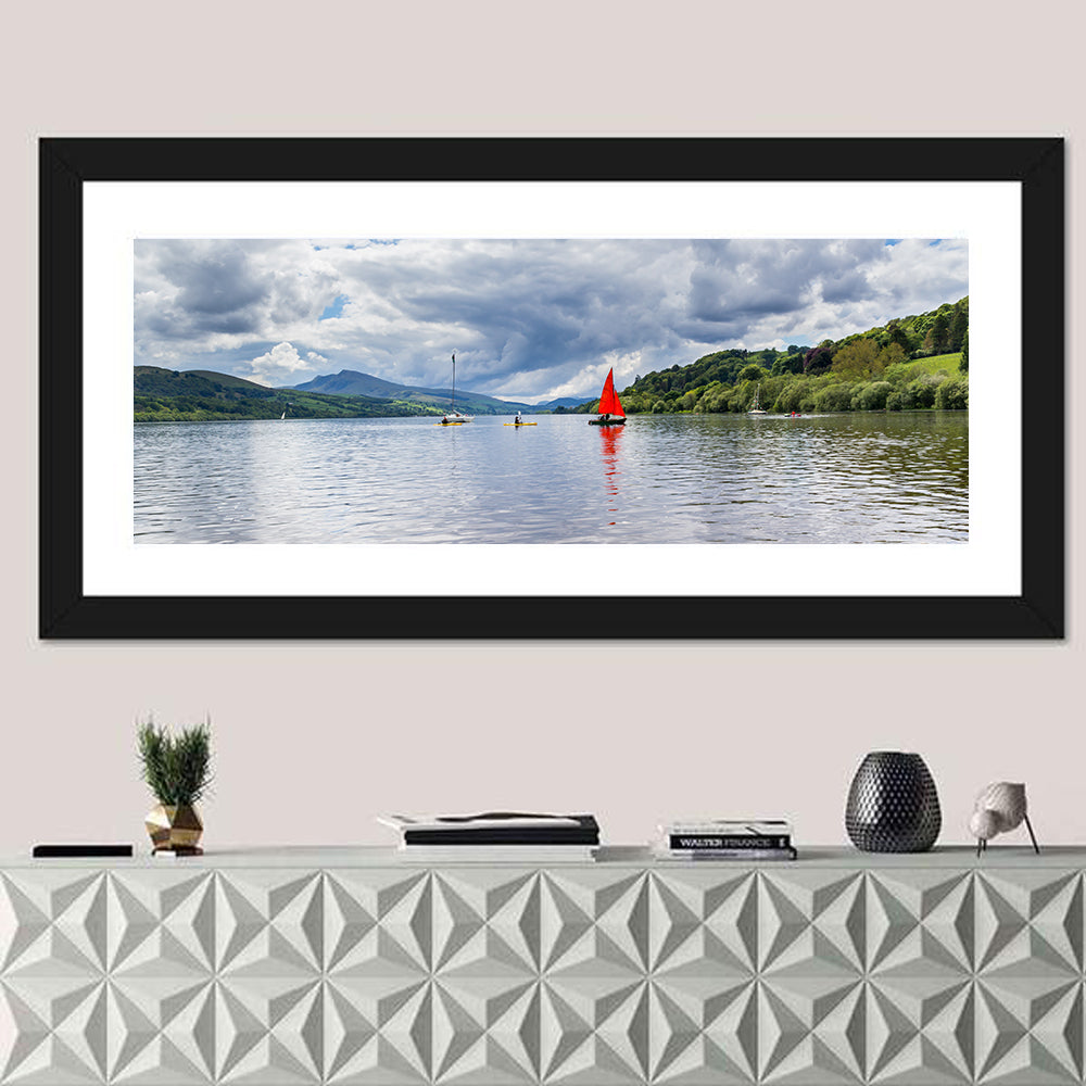 Bala Lake Sailboat Reflection Wall Art in a room, panoramic
