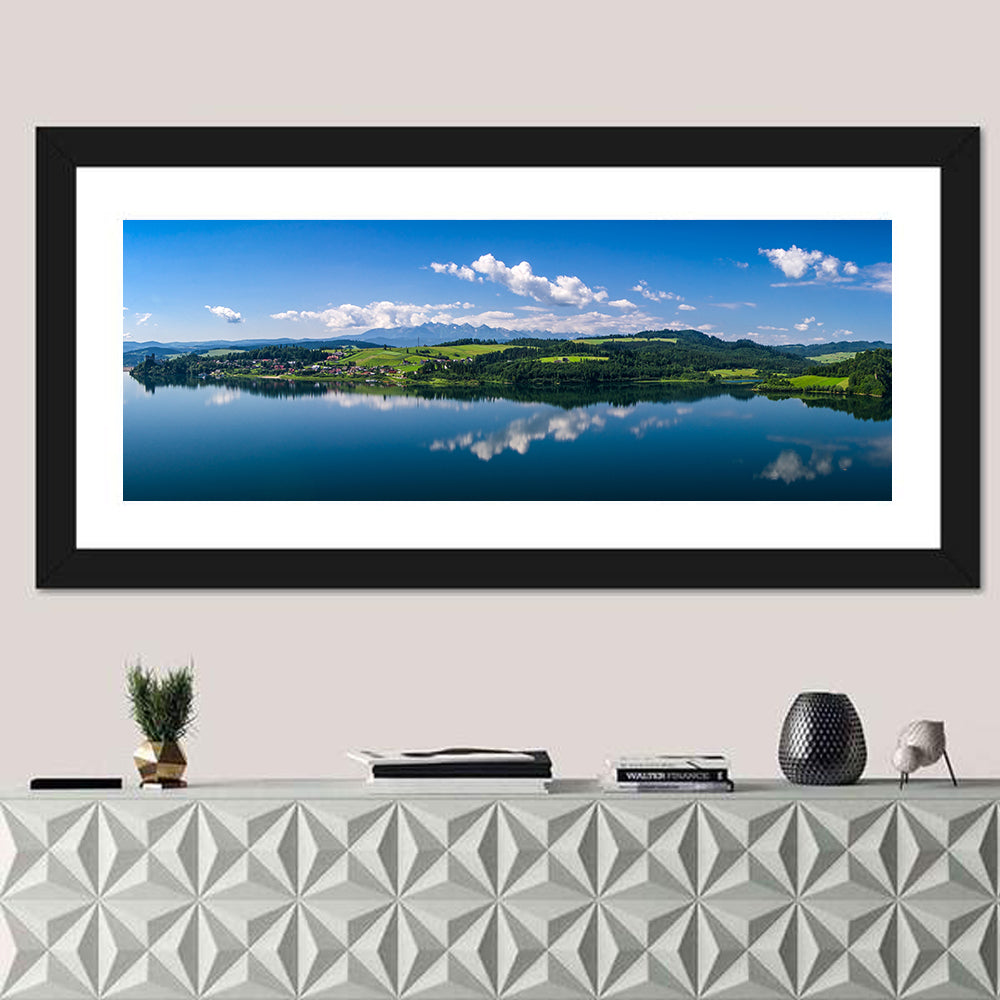 Lake Czorsztynskie Reflections Wall Art in a room, panoramic