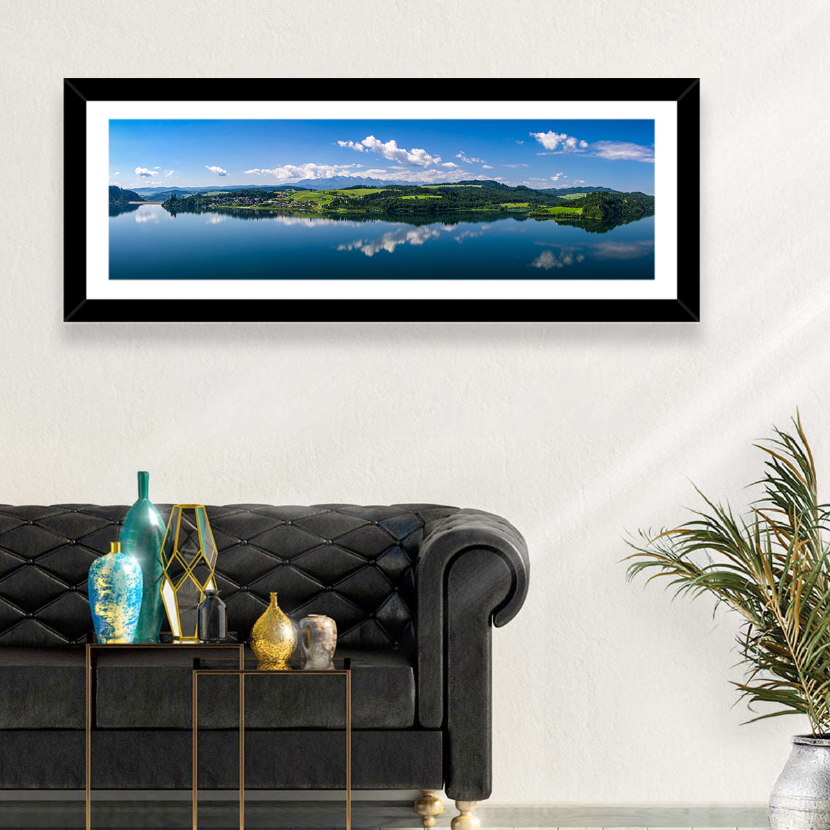 Lake Czorsztynskie Reflections Wall Art in a room, panoramic