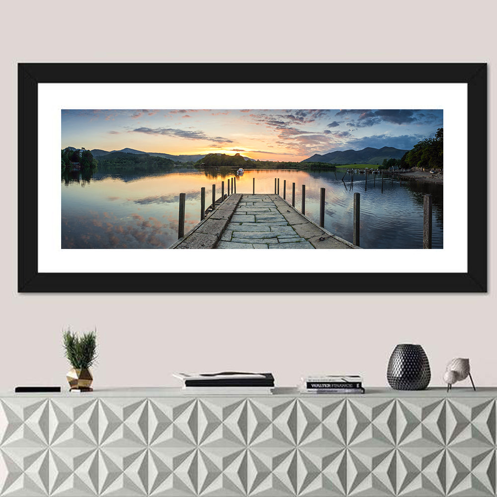 Derwent Water Stone Pier Sunset Wall Art in a room, panoramic