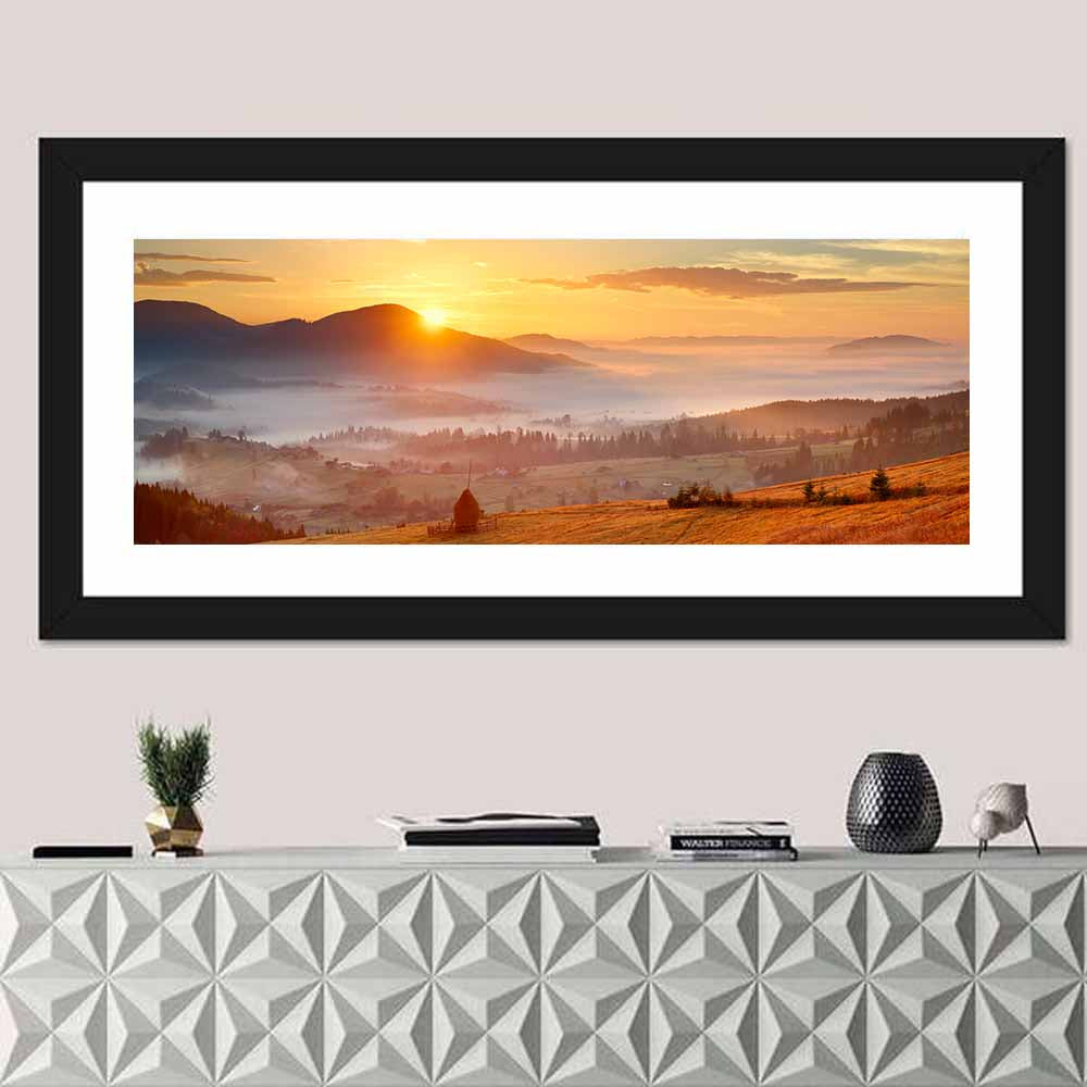 Foggy Mountain Village Wall Art in a room, panoramic