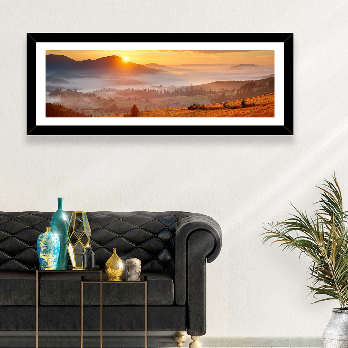 Foggy Mountain Village Wall Art in a room, panoramic