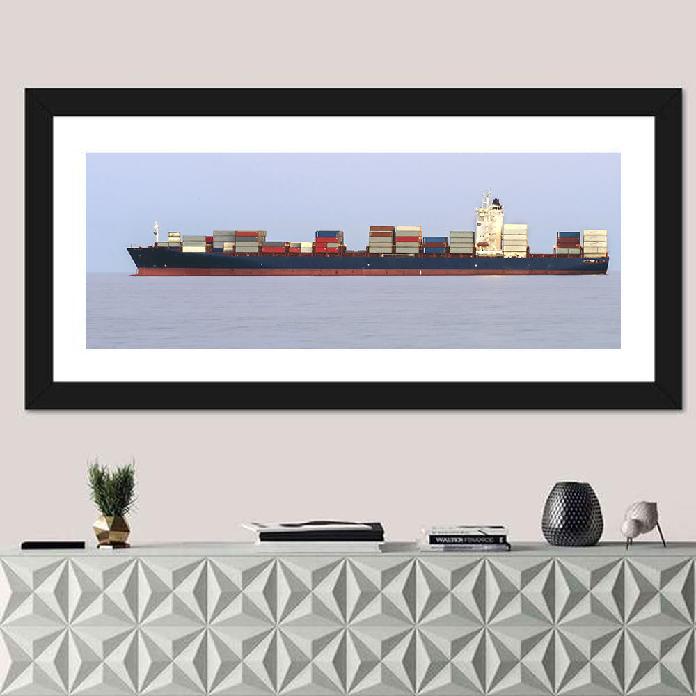 Container Ship on the Ocean Wall Art in a room, panoramic