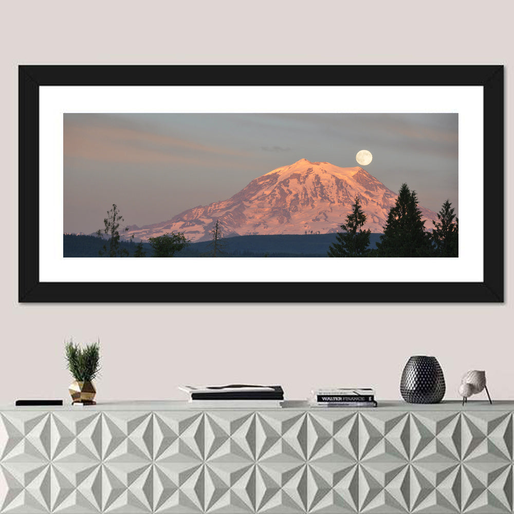 Mount Rainier Alpenglow with Full Moon Wall Art