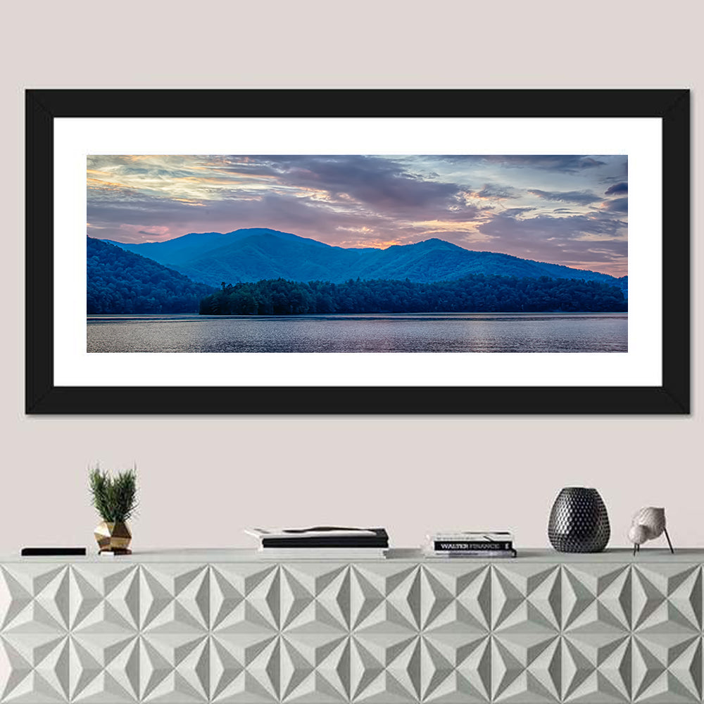 Lake Santeetlah Sunset Glow Wall Art in a room, panoramic