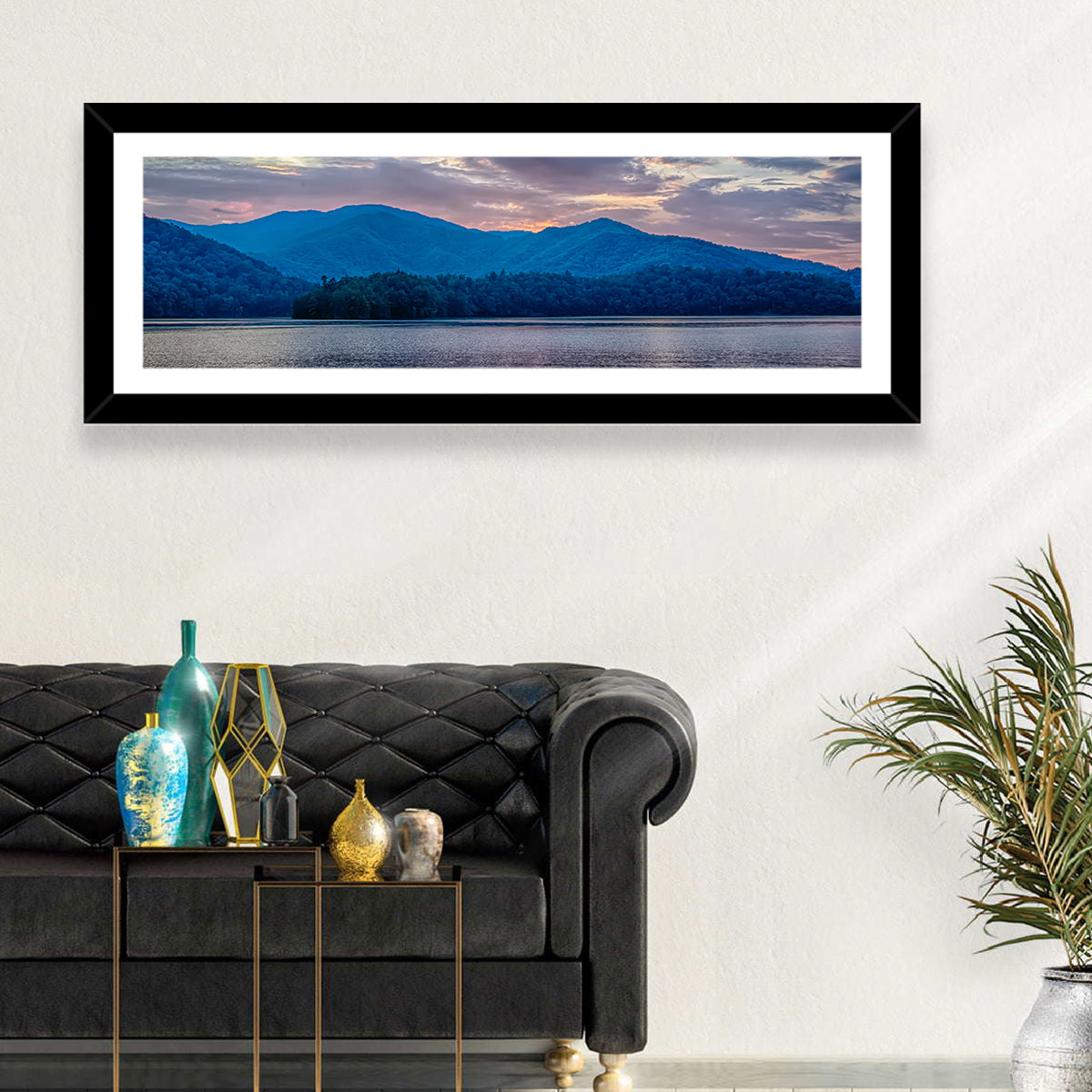 Lake Santeetlah Sunset Glow Wall Art in a room, panoramic