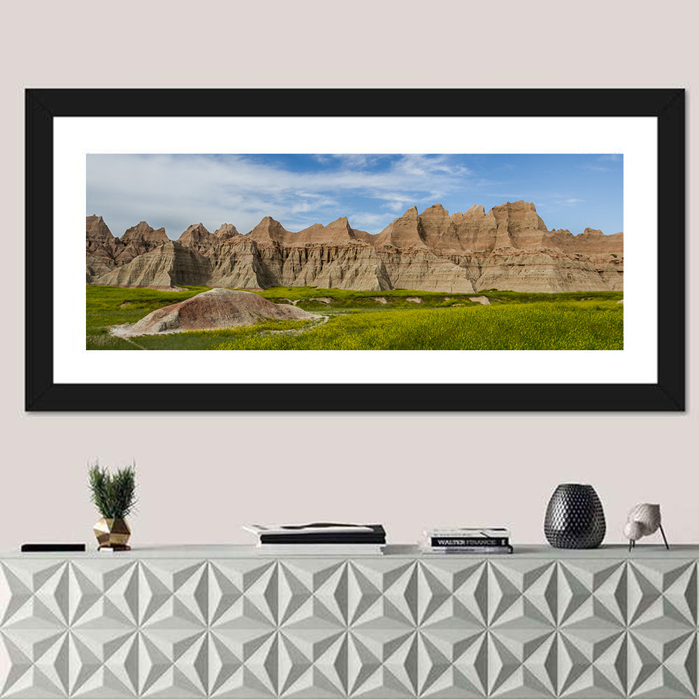 Badlands Meadow and Rock Formations Wall Art in a room, panoramic